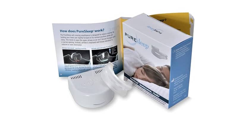 product image of the PureSleep Mouthpiece with its original packaging and instruction manual