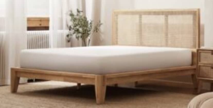 Silk & Snow Wooden Bed Frame with Rattan Headboard